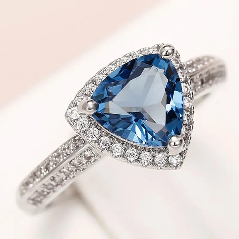 Anillos de triángulo de plata de ley 925 con circonitas azules oscuras de lujo para mujer, joyería de moda clásica para compromiso, boda, regalo de aniversario