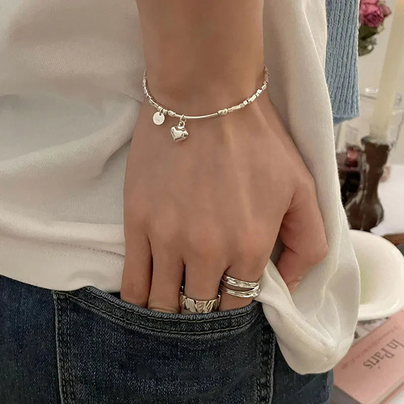 Sterling Silver plated Thai Silver Bracelet for Women Vintage Geometric Heart Love Lucky Punk Jewelry 2023 New Dropship