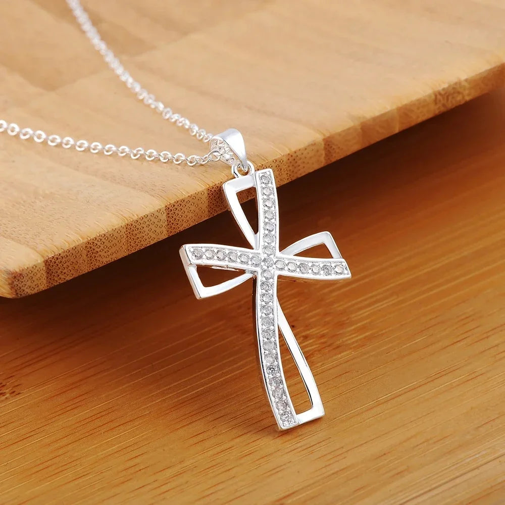 Promociones Collar de 45cm de plata de ley 925 con dije para mujer, colgante de cruz de cristal, cadena de joyería, moda, lindo, fiesta de boda