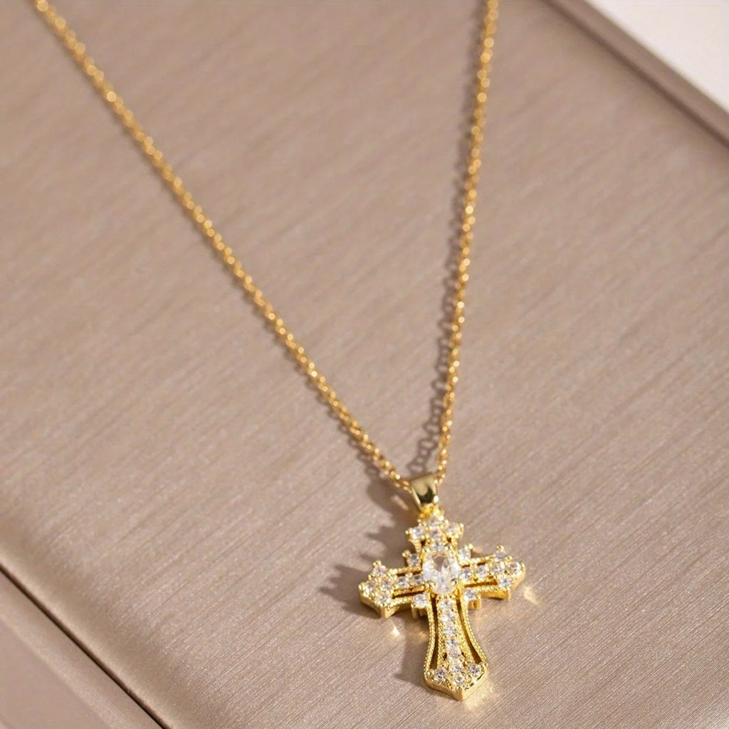 1Pcs Cross Necklace Pendant Religious Blessing Stainless Steel Sturdy Gold Necklace Water Diamond Inlay Trendy Fashion