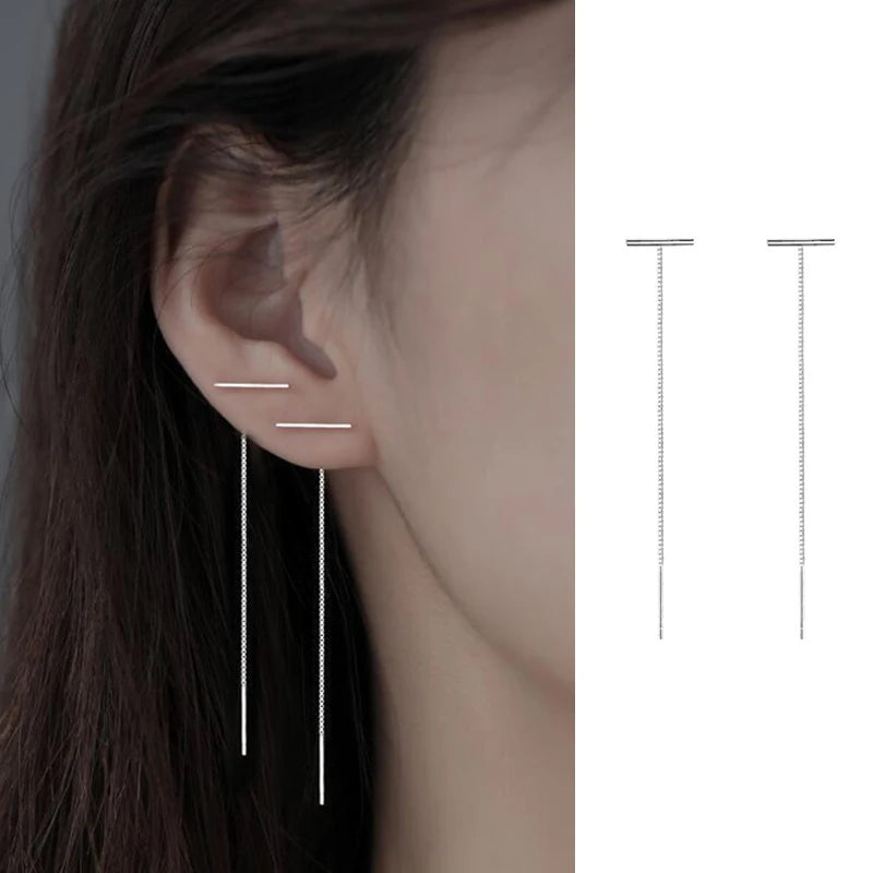 JWER S925 Silver Needle Star Line Earring for Women Tassel Drop Earring Long Chain Beads Piercing Earring Asymmetry Ear Jewelry