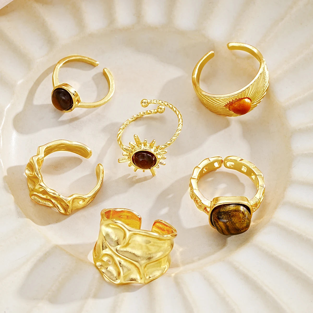 6er-Set Vintage Sonnenblumen Tigerauge Steinringe für Damen Unregelmäßige Goldfarbe Ästhetische Offene Ringe Modeschmuck Geschenke 2025