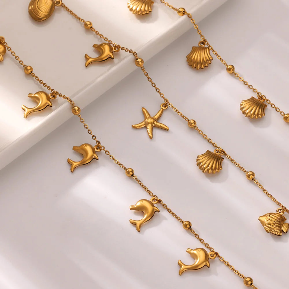 Sommer Strand Edelstahl Gold Farbe Kette Fußkette Für Frauen Seestern Muschel Delfin Fisch Charm Knöchel Armband Schmuck Geschenk