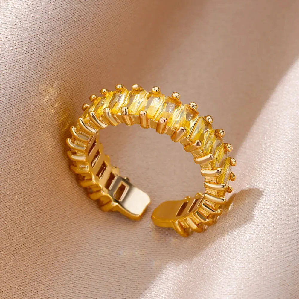 Bunter Zirkonia-Ring für Damen, Edelstahl, goldfarben, offener Ring, Vintage-Boho-Hochzeitsfeier-Schmuck, Geschenk-Accessoires