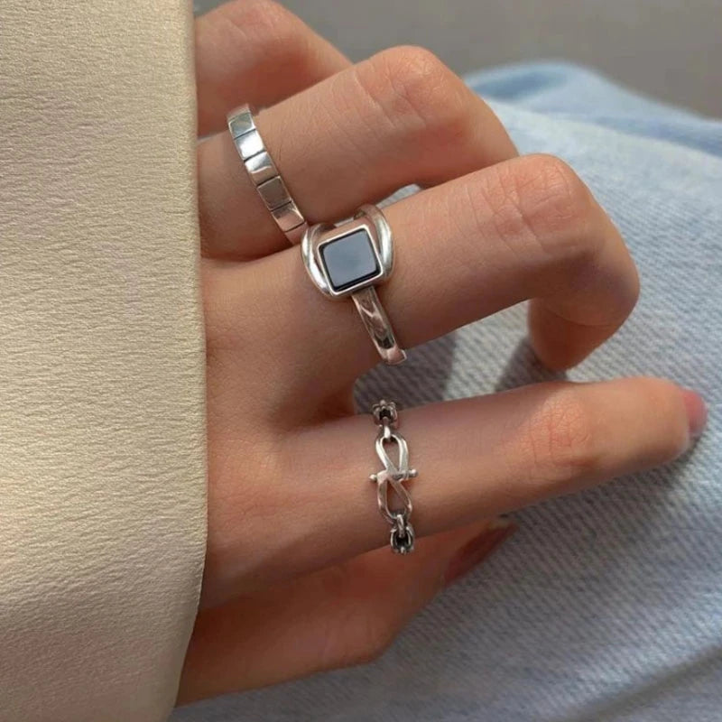 Anillo de plata de ley 925 chapado para mujer, regalo para niña, piedra negra, cristal esmaltado, retro, punk, abierto, joyería al por mayor