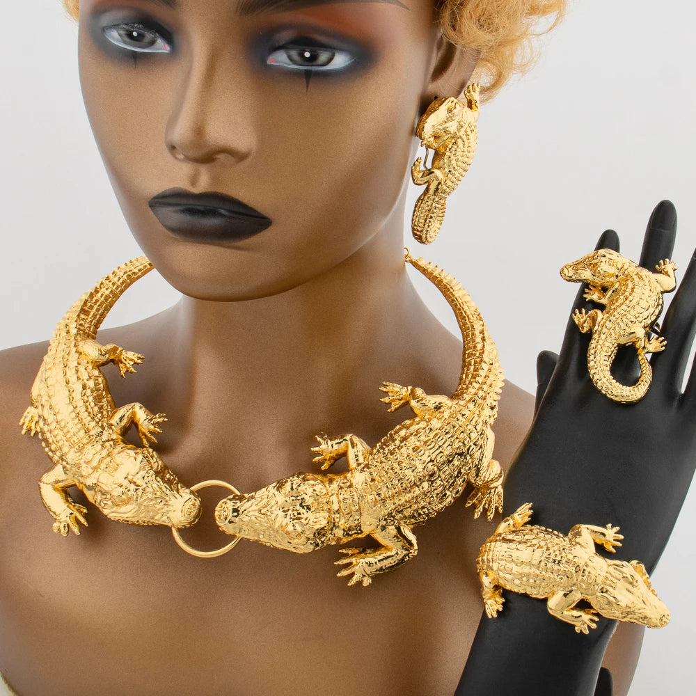 Afrikanisches Großes Krokodil Schmuckset für Damen Lady Große Halskette Arabische Goldfarbe Ohrringe Armband Braut Frau Jubiläumsgeschenk