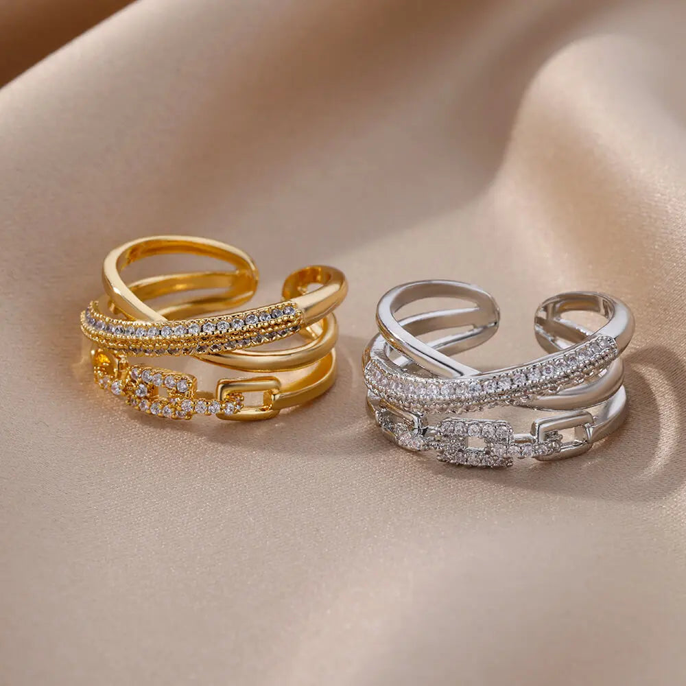 Anillos abiertos de cadena retorcida de circonita para mujer, anillos ajustables de acero inoxidable con diseño geométrico trenzado, regalo de joyería estética para bodas