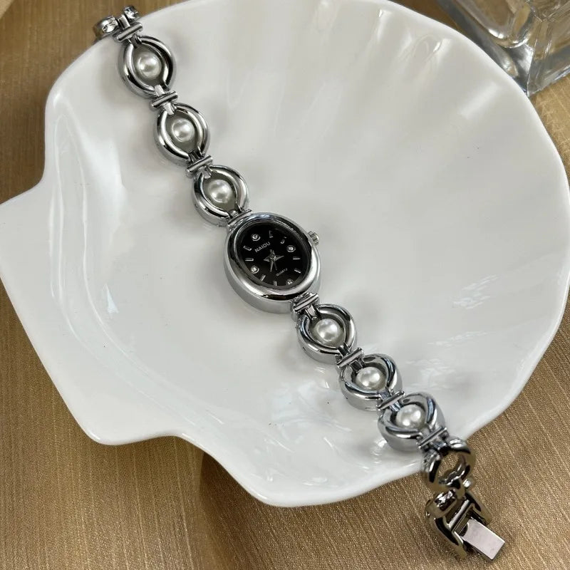 Luxuriöse Perlenarmbanduhr Mode Damenuhr Quarzuhren Marke Ovales Zifferblatt Kleideruhren Dropshipping Relojes Para Mujer