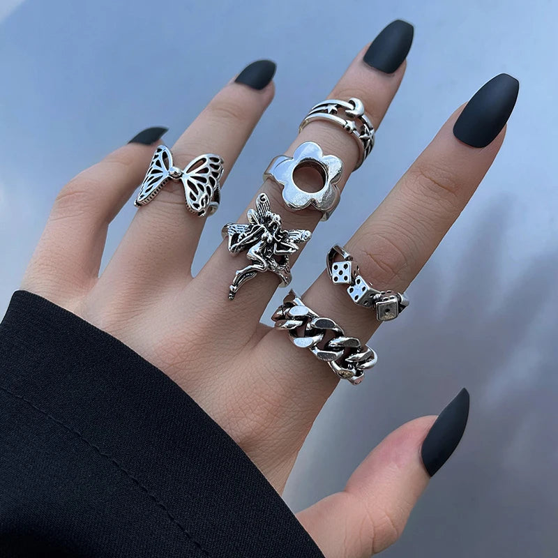 Anillo de elementos múltiples de metal estilo Punk vintage para mujer y hombre, anillos de dedo de calavera de serpiente mariposa de Color plata antigua, joyería gótica