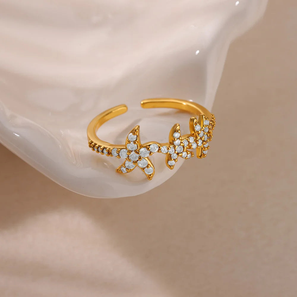 Anillos abiertos de acero inoxidable con conchas de estrellas de mar para mujer, anillo de dedo de color dorado a la moda, joyería de océano para vacaciones de verano en la playa