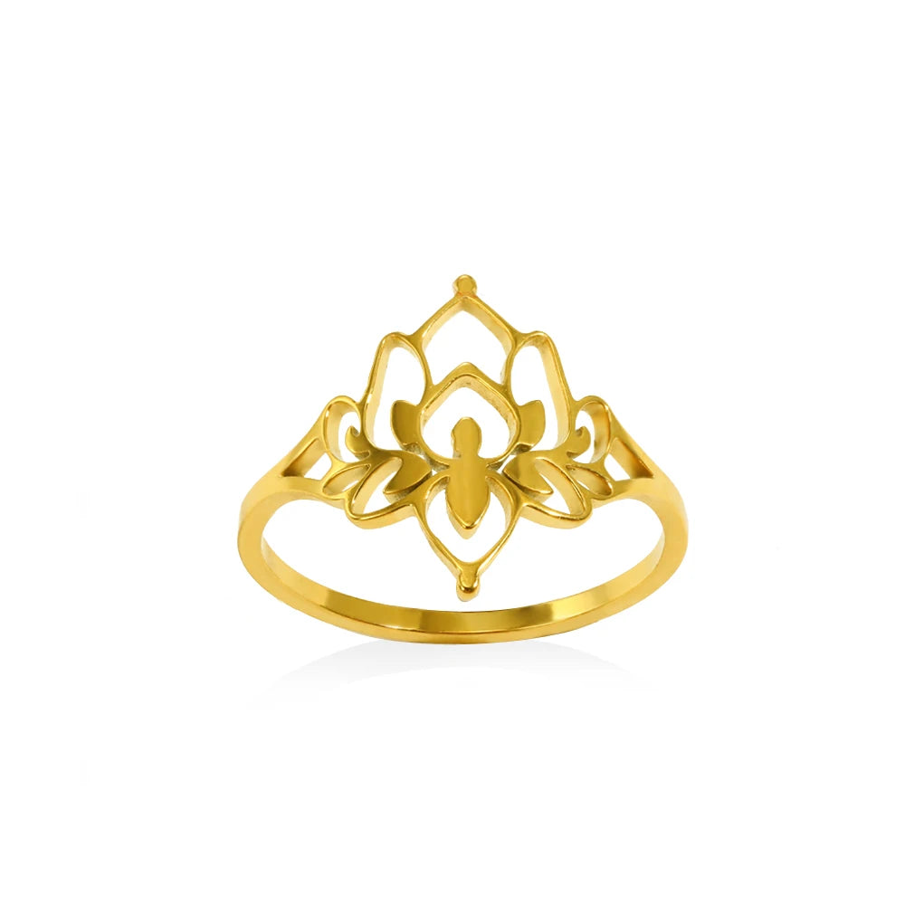 Edelstahl Lotusblumenring für Frauen, goldfarben, Vintage-Stein, Opal, ovaler Blumenring, modischer ästhetischer Schmuck, Geschenk