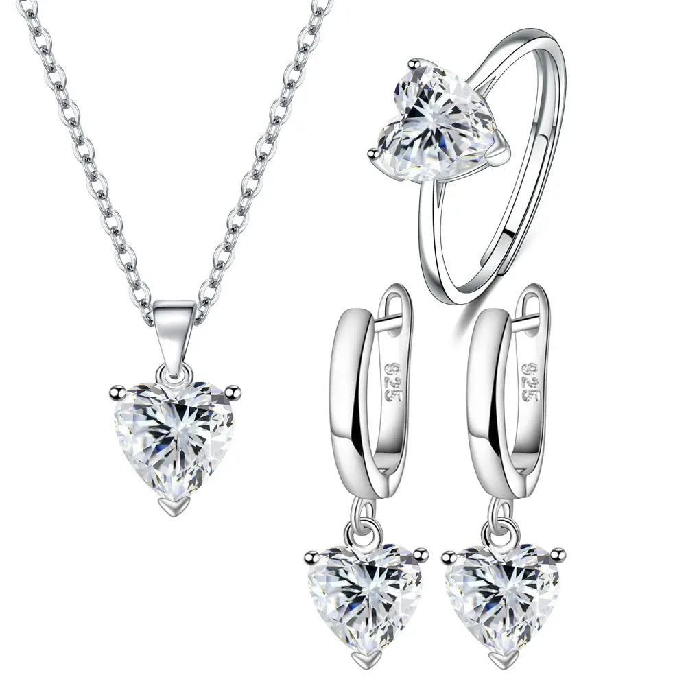 Juegos de joyería de plata 925 con circón en forma de corazón, elegantes, para mujer, pendientes de anillo, collar, accesorios de boda, novia, compromiso