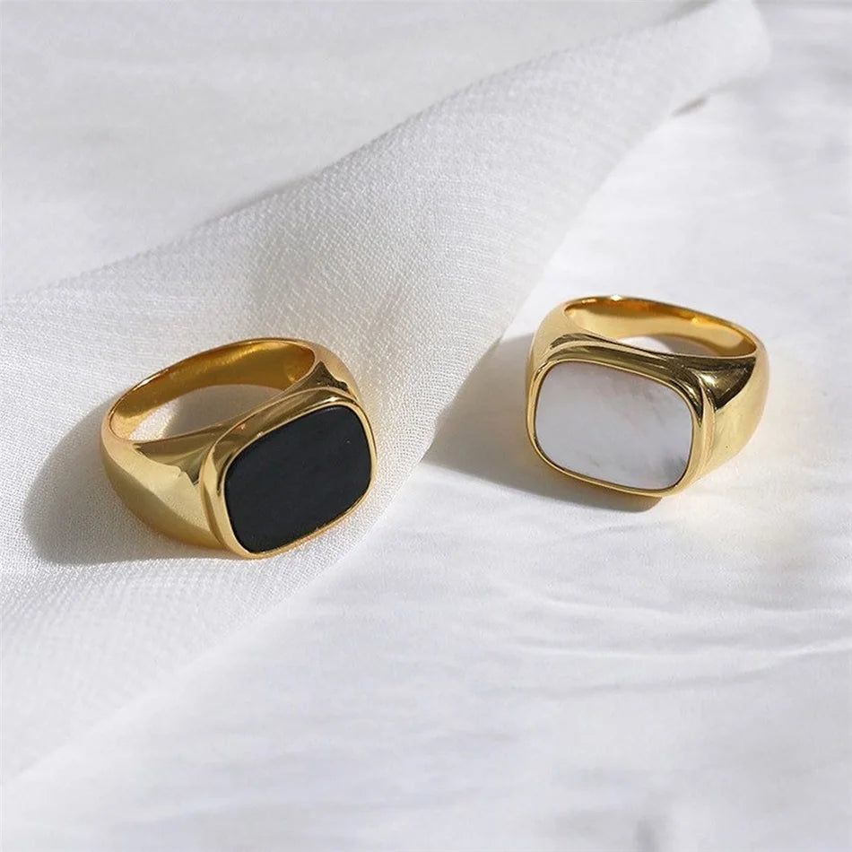 Anillos cuadrados gruesos vintage de concha para mujer, color oro blanco, anillo grande para mujer, accesorios de joyería para fiesta, regalo de tienda.