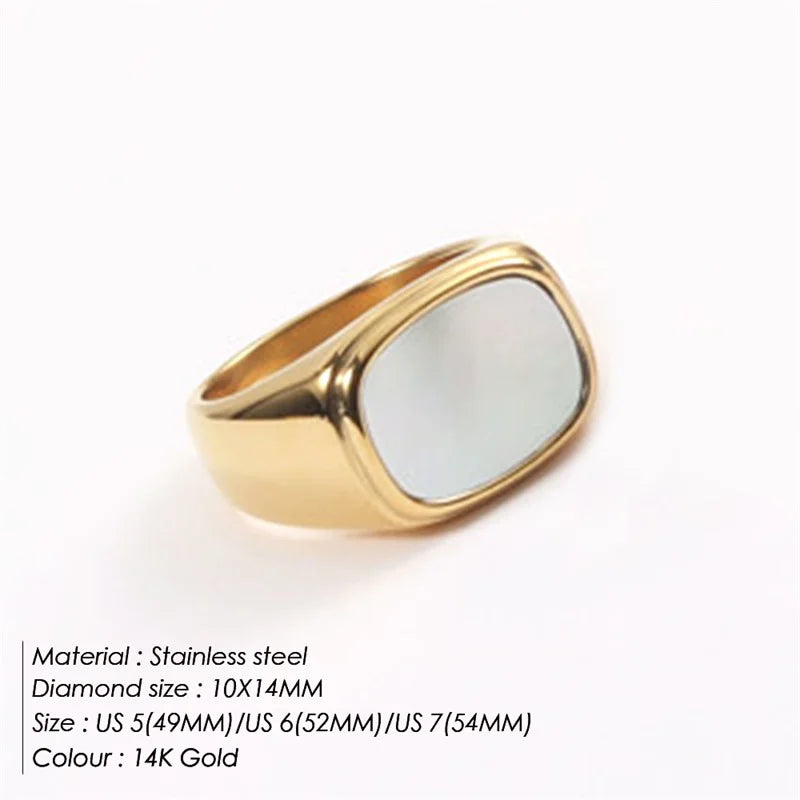 Anillos cuadrados gruesos vintage de concha para mujer, color oro blanco, anillo grande para mujer, accesorios de joyería para fiesta, regalo de tienda.