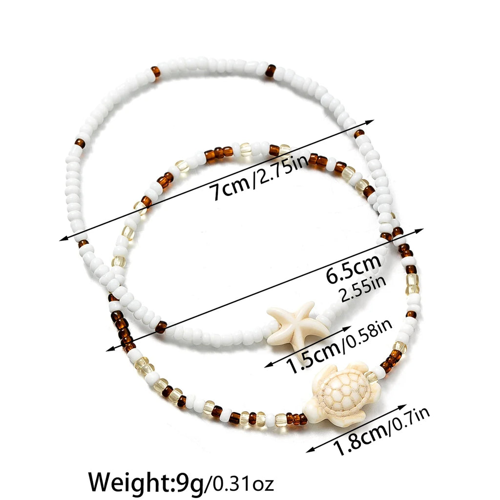 2 Bohemian style turquoise starfish turtle ankle chains, double-layer layered mixed color rice bead beach ankle chains