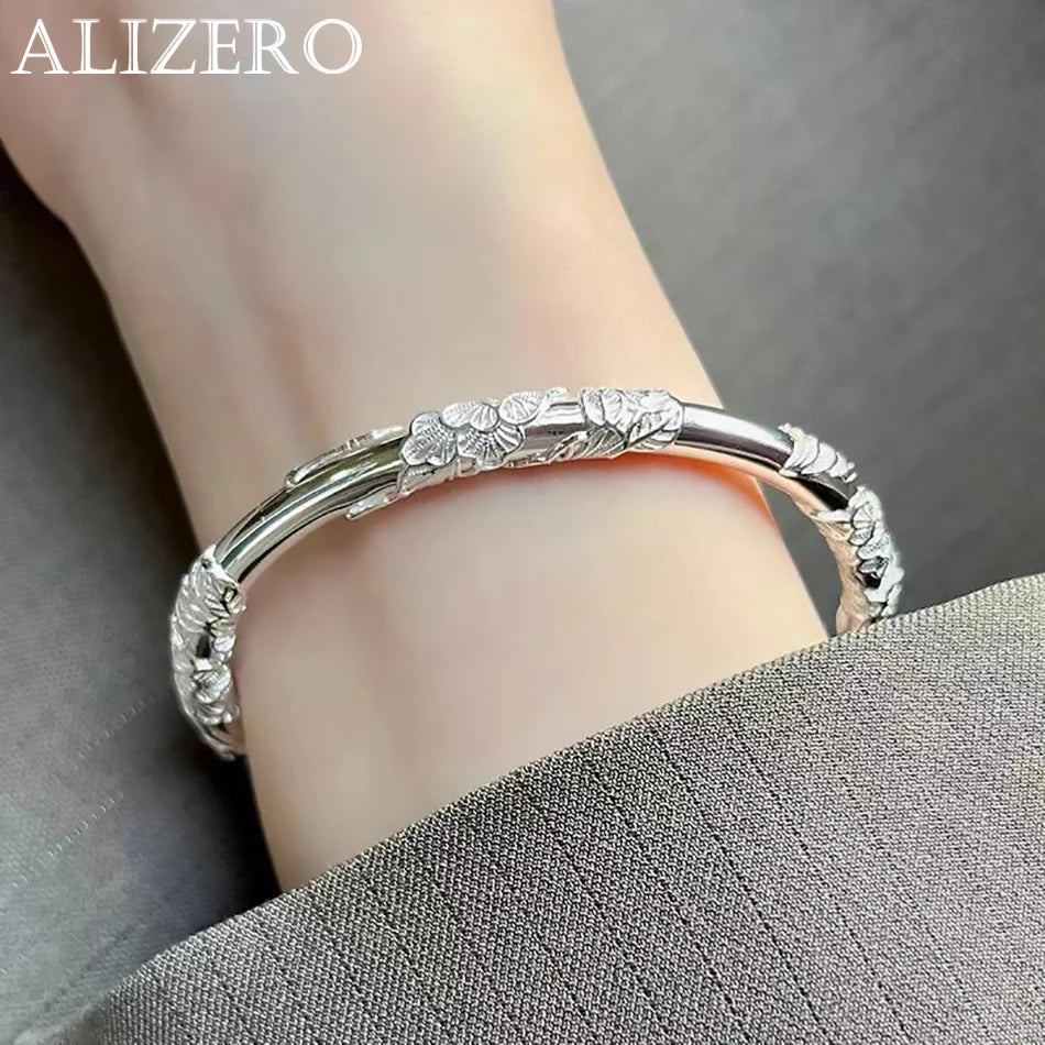 ALIZERO 925 Sterling Silber Vollblühende Blumen Armreif für Damen Filigrane Offene Verstellbare Armbänder Modeschmuck
