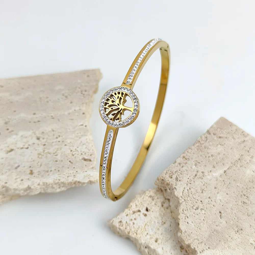 Luxus-Edelstahl-Lebensbaum-Armreif für Frauen und Männer, Kristall-Zirkon-Armband, Silber-Gold-Farbe, Handgelenkschmuck-Accessoires