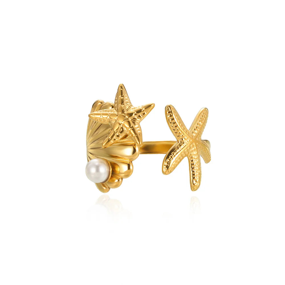 316L Edelstahl Seestern Muschel Ringe für Frauen Gold Farbe Offener Fingerring Femme Trendiger Sommerurlaub Ozean Schmuck Geschenk