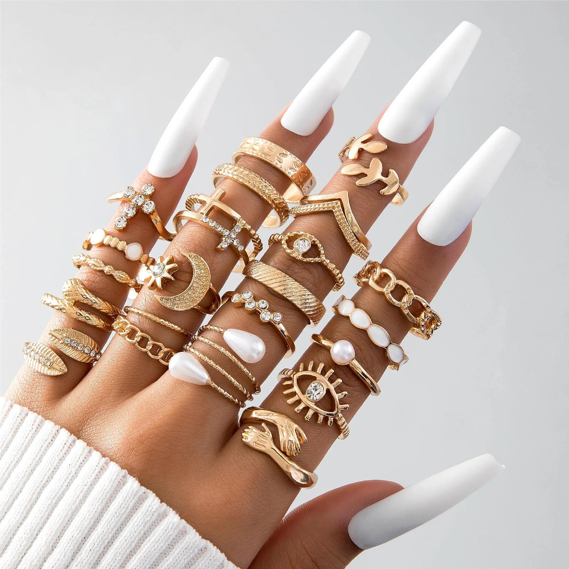 Vintage Elegantes 66-teiliges Modeschmuckring-Set Goldfarben Perle Geometrische Ringe Design für Damen Alltag Party Schmuck Geschenke 2024
