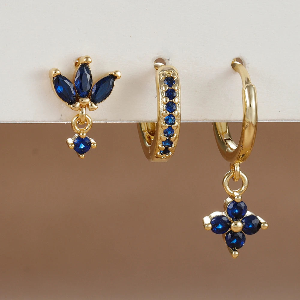 3 Paar modische orange-blaue Zirkon-Hängeohrringe für Damen, Edelstahl-Blumen-Baumelohrringe, Piercing-Schmuckset