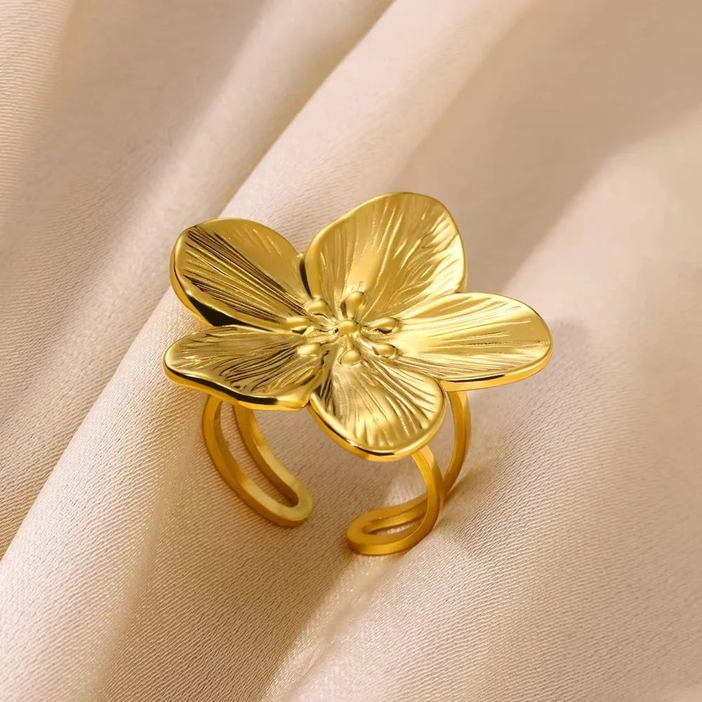 Bunte Zirkon-Doppelblumenringe für Damen, vergoldeter Edelstahl, Blumenöffnungsring, Hochzeit, ästhetischer Schmuck, Geschenk 2023
