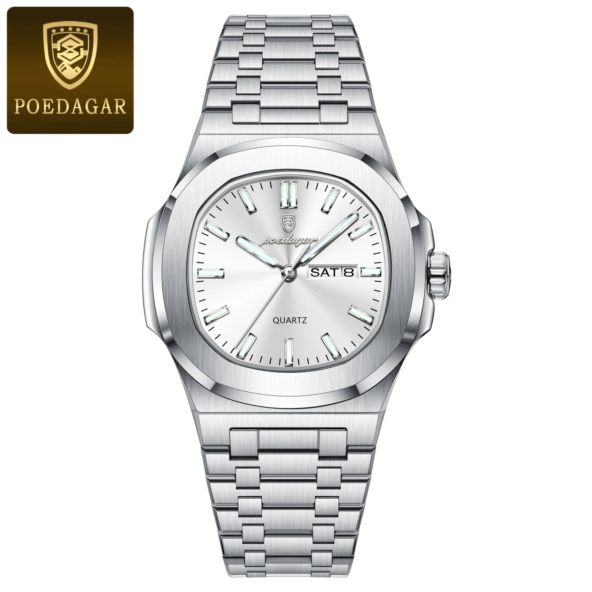 POEDAGAR Reloj de Pulsera Casual de Moda para Hombres Fecha y Día Acero Inoxidable Reloj de Hombre Luminoso Impermeable Lujo Cuarzo Relojes de Hombre+Caja