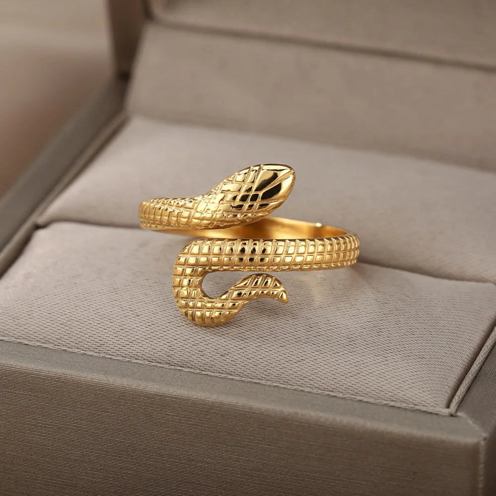 Edelstahl Schlangenringe für Damen Herren Goldfarben Offen Verstellbar Zirkon Ring Vintage Gothic Ästhetischer Schmuck anillos mujer
