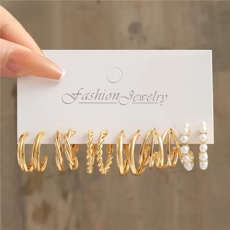 Modische geometrische Creolen Set für Damen Vintage Böhmische Perle Goldfarbe Runde Ohrringe Punk Alltagsschmuck Geschenke 2025