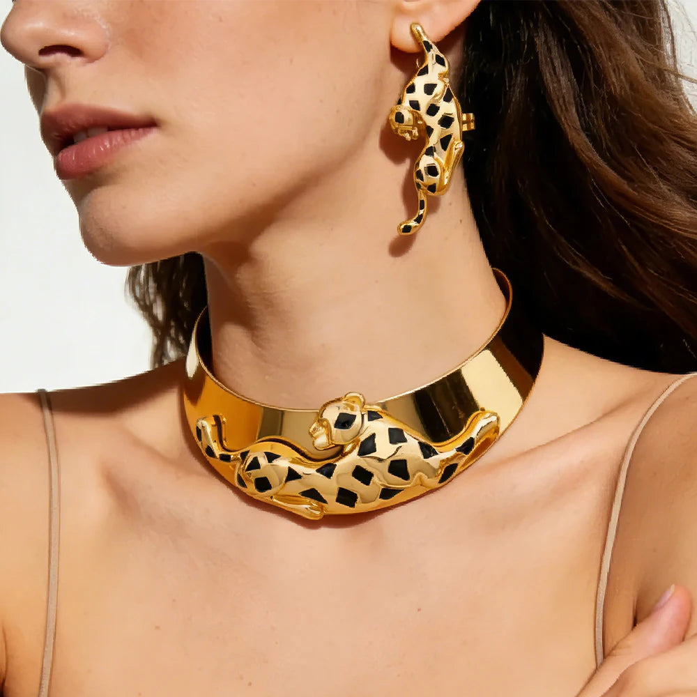 Damen Schmuckset Afrikanische Mode Leopard Halskette Ohrringe 18K vergoldet Tierform Armband Ring Kupfer Dubai Schmuck Geschenk