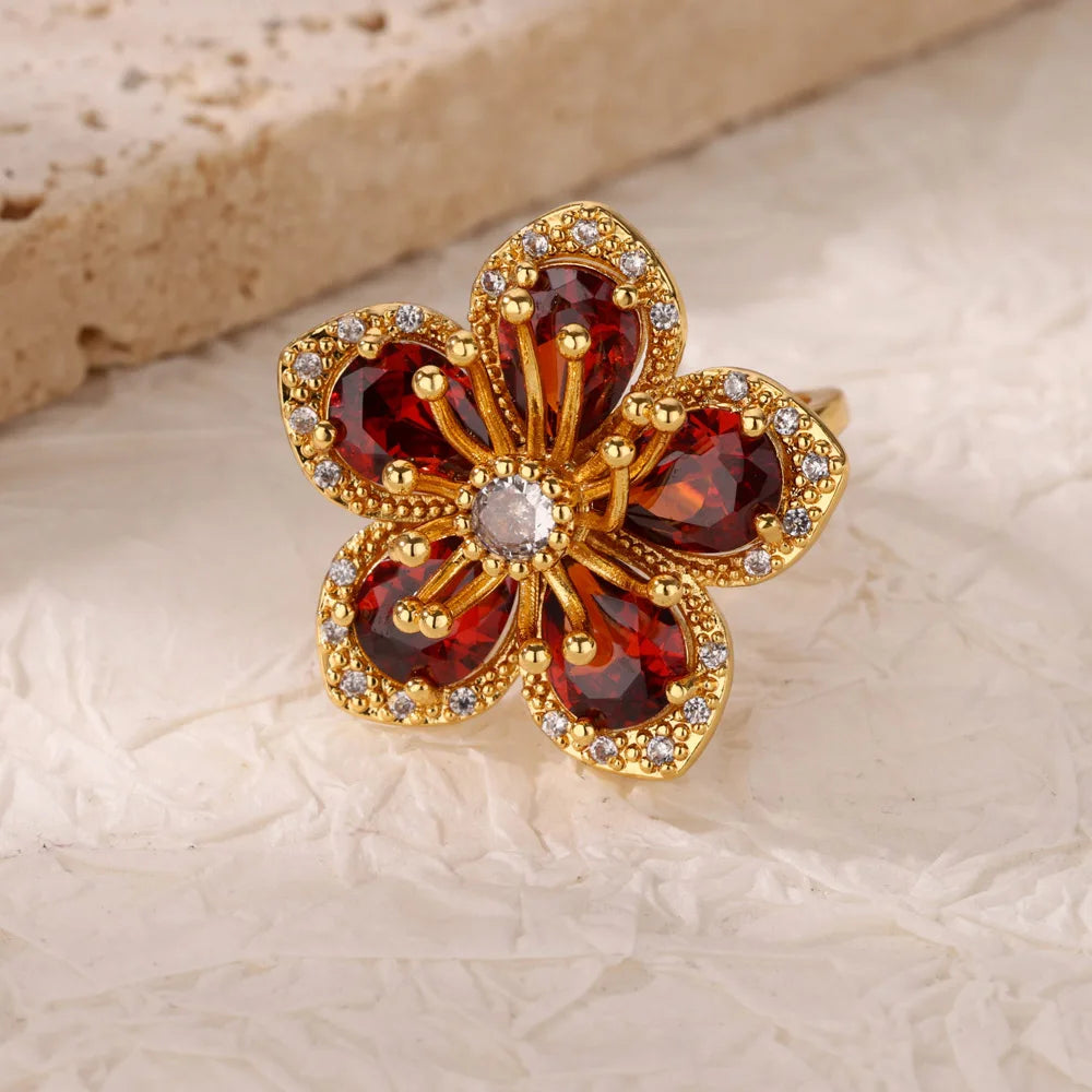 Luxuriöse bunte Zirkonia-Blumenringe für Damen, goldfarbener Edelstahl-Öffnungsring, modischer Hochzeitsparty-Ästhetik-Schmuck