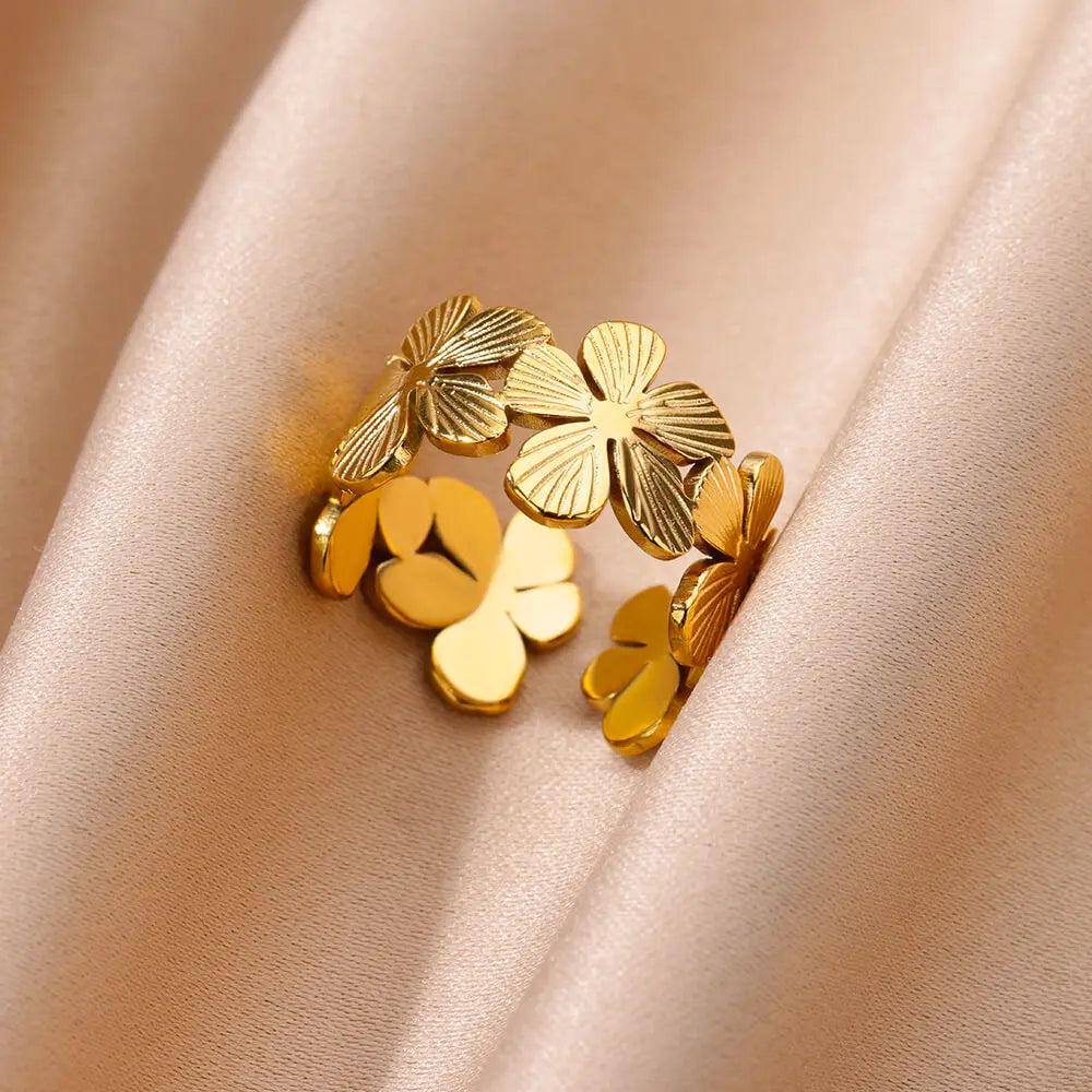 Edelstahl Blumenringe für Frauen Goldfarbe Muschel Seestern Mehrschichtiger Aushöhlungsring Modeschmuck Hochzeitsgeschenke