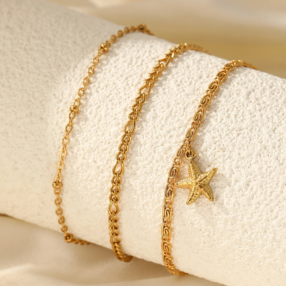 woiwoi Stainless Steel Anklet Starfish Triple Stacking Chain Light Luxury Fashion Elegant Ladies Anklet Jewelry Party  Match