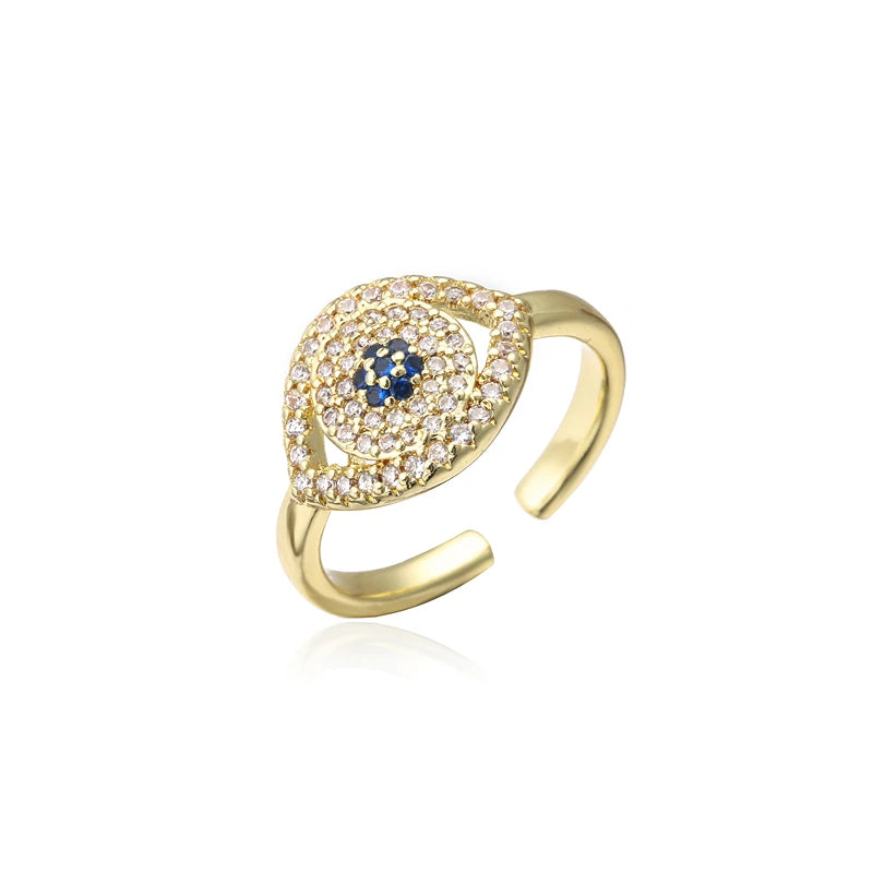 NEWBUY 2024 Mode Goldfarbe Kupfer Hochzeitsschmuck AAA CZ Böses Auge Design Offener Ring Für Frauen Mädchen Verlobungsgeschenk