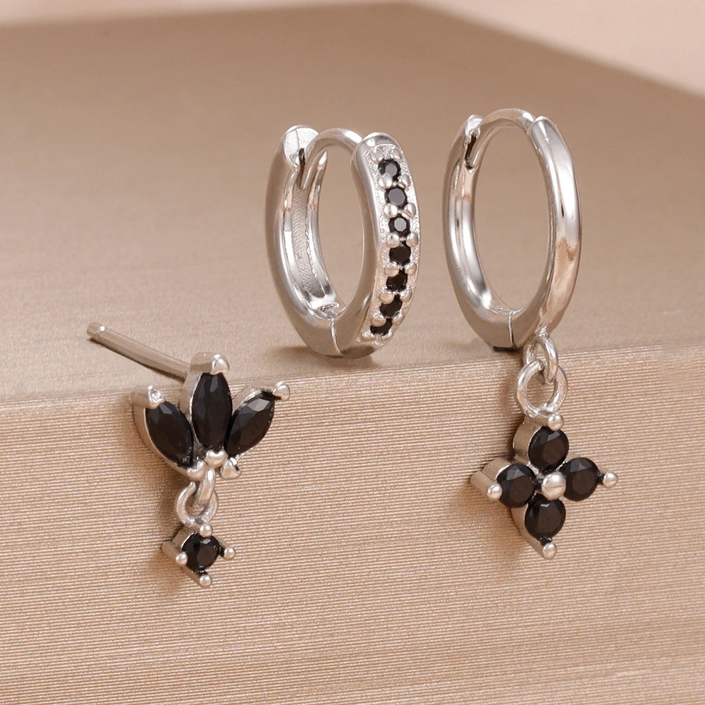 3 Paar modische orange-blaue Zirkon-Hängeohrringe für Damen, Edelstahl-Blumen-Baumelohrringe, Piercing-Schmuckset