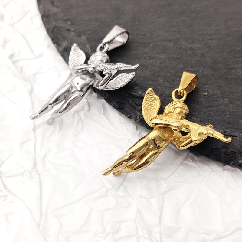 Collar con colgante de ángel 3D con pistola para hombre - chapado en oro de 18 quilates y cadena de cuerda de acero 316L, regalo de joyería gótica hip hop, "La venganza de Cupido"