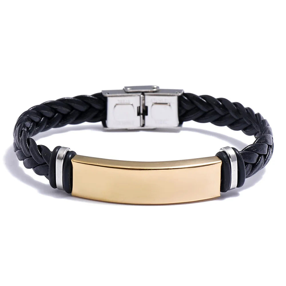 Gravur Armband mit Logo Namen aus Leder, schwarz, personalisierbar, Edelstahl Armbänder für Damen und Herren, ID Armband
