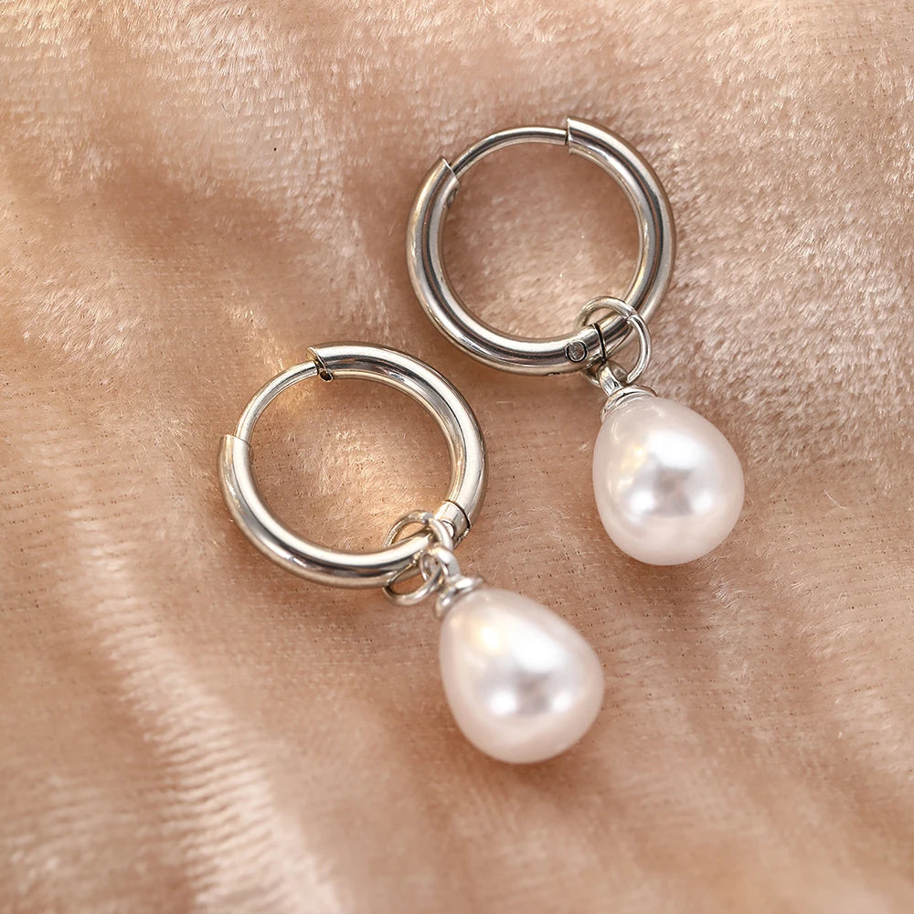 Edelstahl Tropfenförmige Imitationsperlen-Anhänger-Ohrringe Damen Alltag Pendler Eleganter Stil Ohrschmuck Accessoires