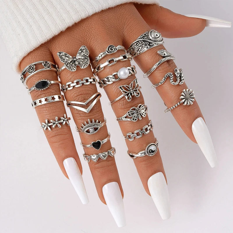 21-teiliges Gothic-Ringe-Set für Frauen, modisch, einfach, Schlange, Schmetterling, böses Auge, Fingerring, trendige Punk-Schmuckgeschenke, Neuheit 2024