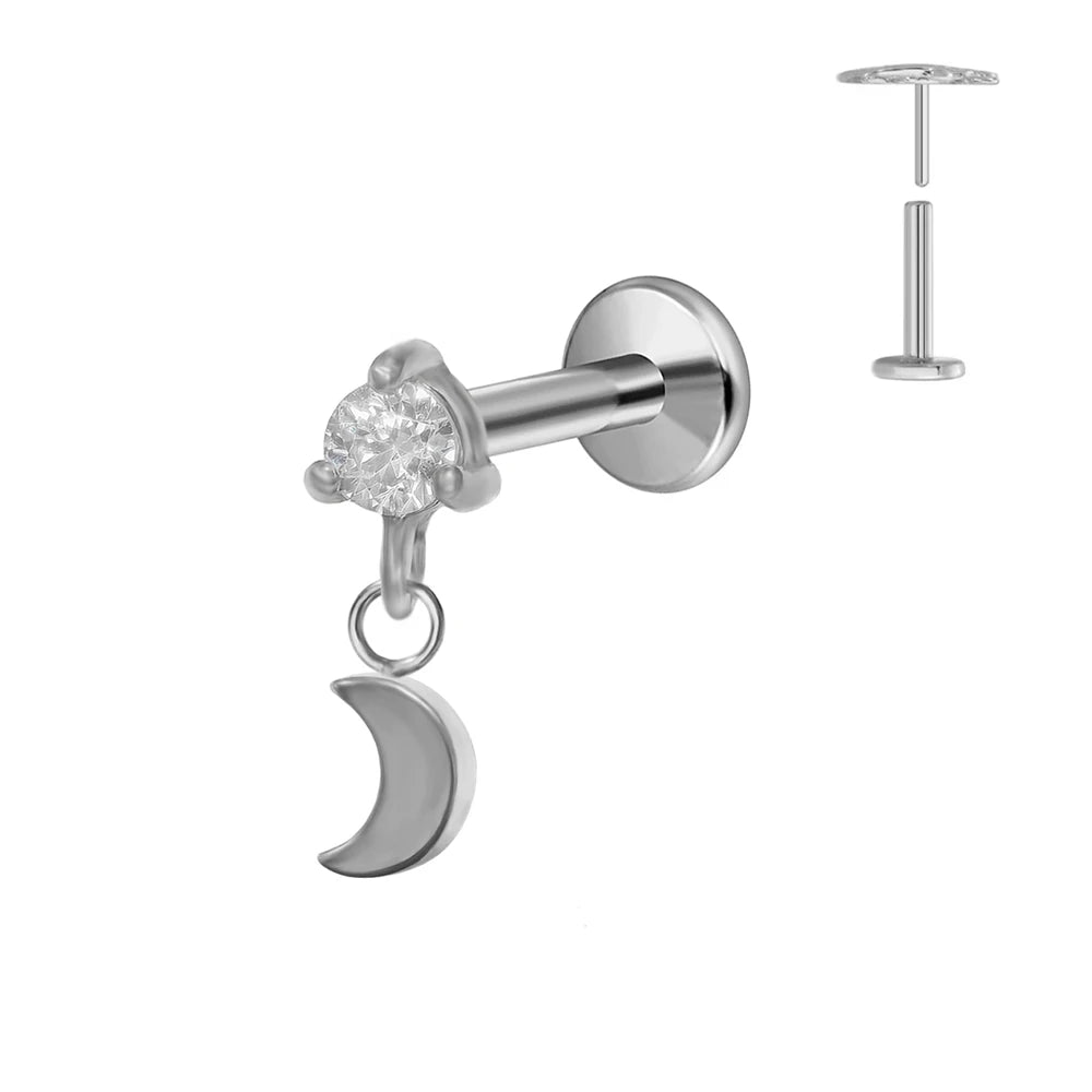 Pendiente de cartílago sin rosca con colgante de luna y estrella de titanio G23 para piercing labret con cono puntiagudo