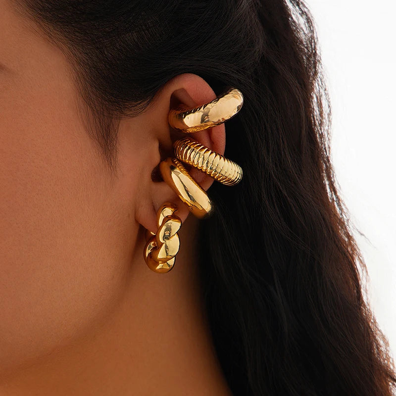 Fashion 4-teiliges C-förmiges Acryl-Ohrclip für Frauen Einfarbig Gold Silber Farbe Ohne Piercing Runde Ohrringe Punk Damenschmuck