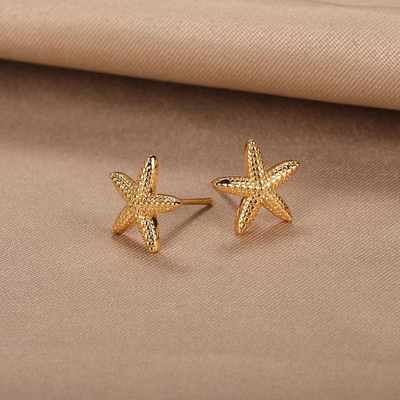 Pendientes de acero inoxidable con forma de estrella de mar vintage para mujer, aretes sencillos con forma de concha de estrella, joyería de fiesta oceánica, regalo 2025