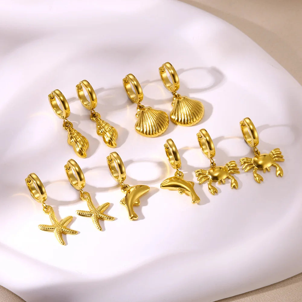 Pendientes de aro de estrella de mar de agua dulce con concha para mujer, elegantes, de acero inoxidable, color dorado, Aretes, accesorios de joyería de Navidad
