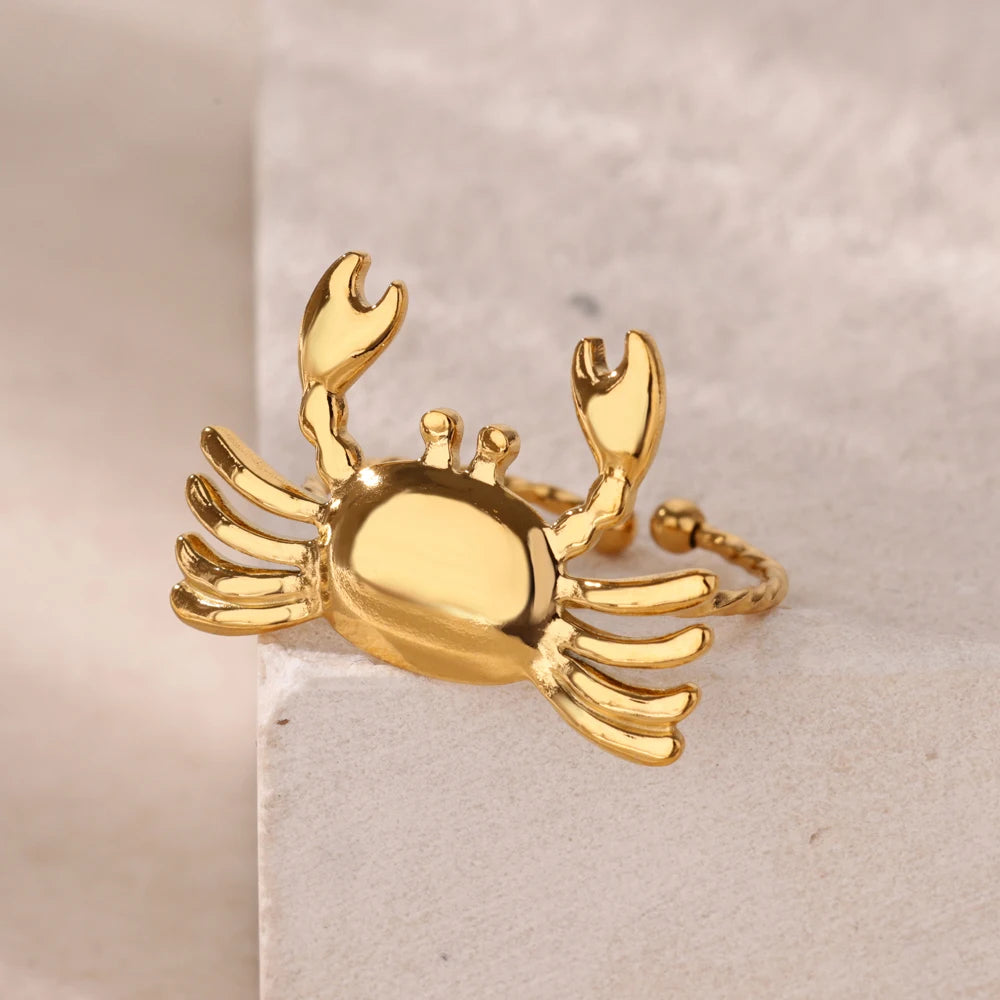 Edelstahl-Krabenringe für Damen, goldfarben, niedliche Tierform, offen, verstellbar, ästhetisch, modisch, wasserdicht, Schmuckgeschenk