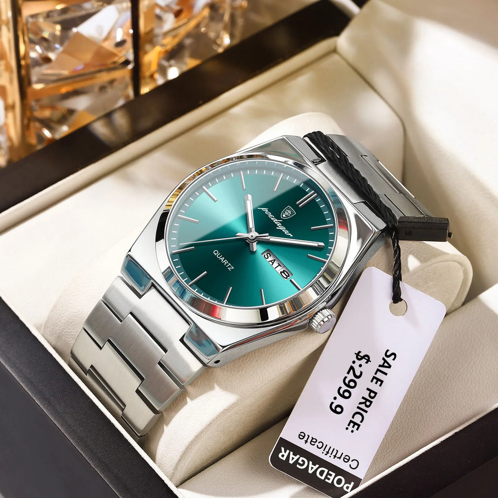 POEDAGAR Relojes de lujo para hombre, impermeables, luminosos, fecha, semana, reloj de hombre, acero inoxidable, informal, moda, reloj de cuarzo para hombre, Reloj