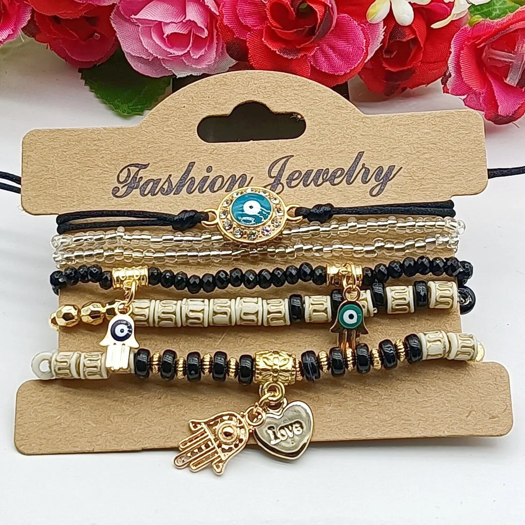 6Pcs Fatima Hand Böses Auge Armband Set für Frauen Herz Charm Perlen Seilkette Armreif Weiblicher Böhmischer Handgemachter Schmuck