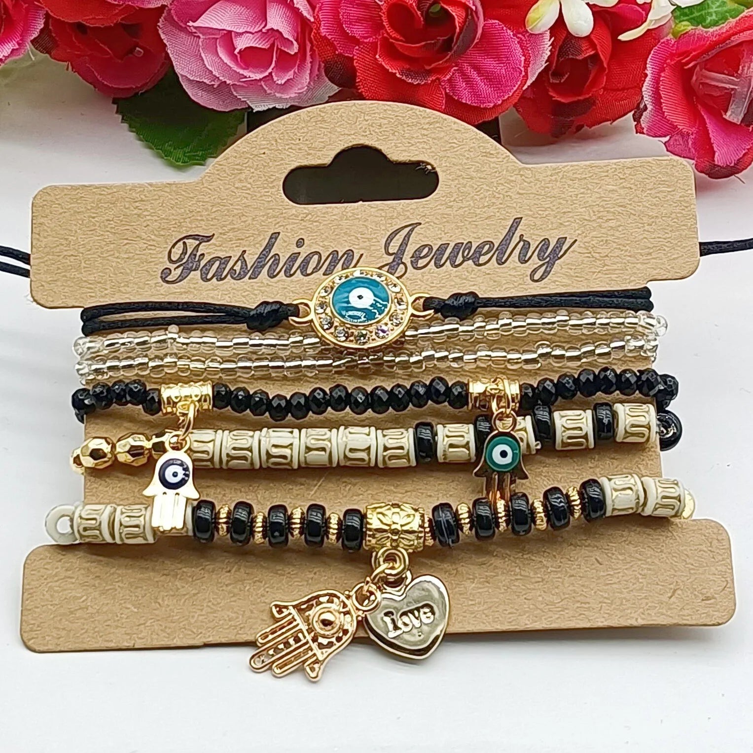 6Pcs Fatima Hand Böses Auge Armband Set für Frauen Herz Charm Perlen Seilkette Armreif Weiblicher Böhmischer Handgemachter Schmuck