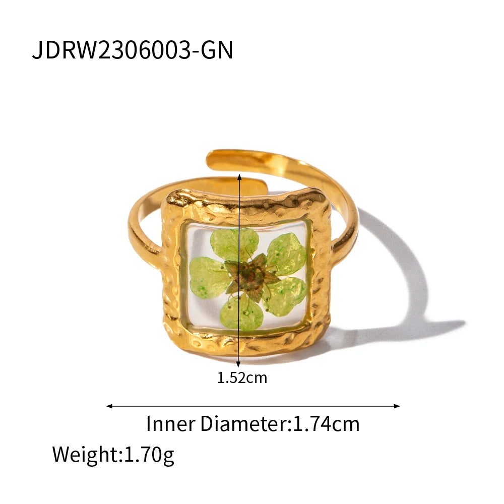 Light Cozy 18k Gold Plated Minimalist Polygonal Dry Flower Opening Ring Women Personalized Stainless Steel Statement Jewelry