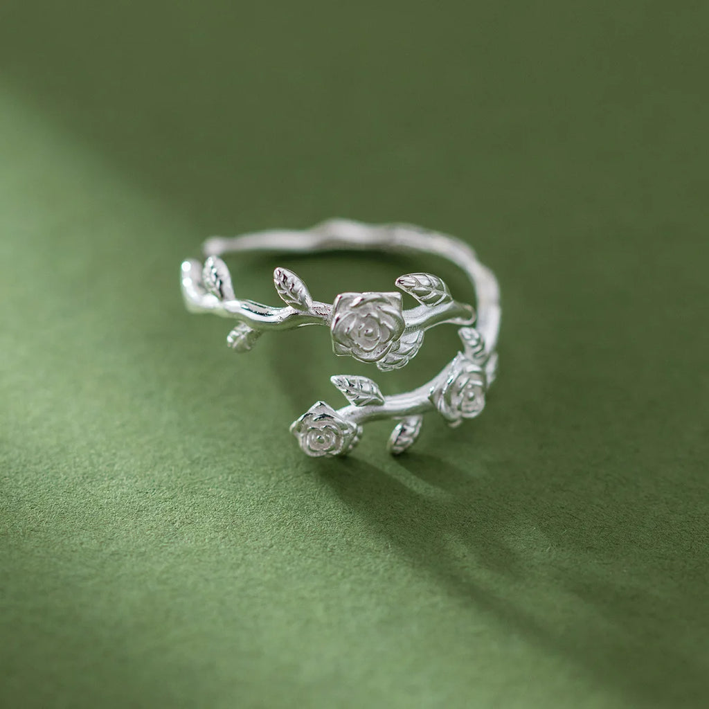 925 Sterlingsilber Rosenzweig Verstellbare Ringe für Frauen Verlobung Hochzeit Weibliche Luxus-Schmuck-Accessoires Schmuck