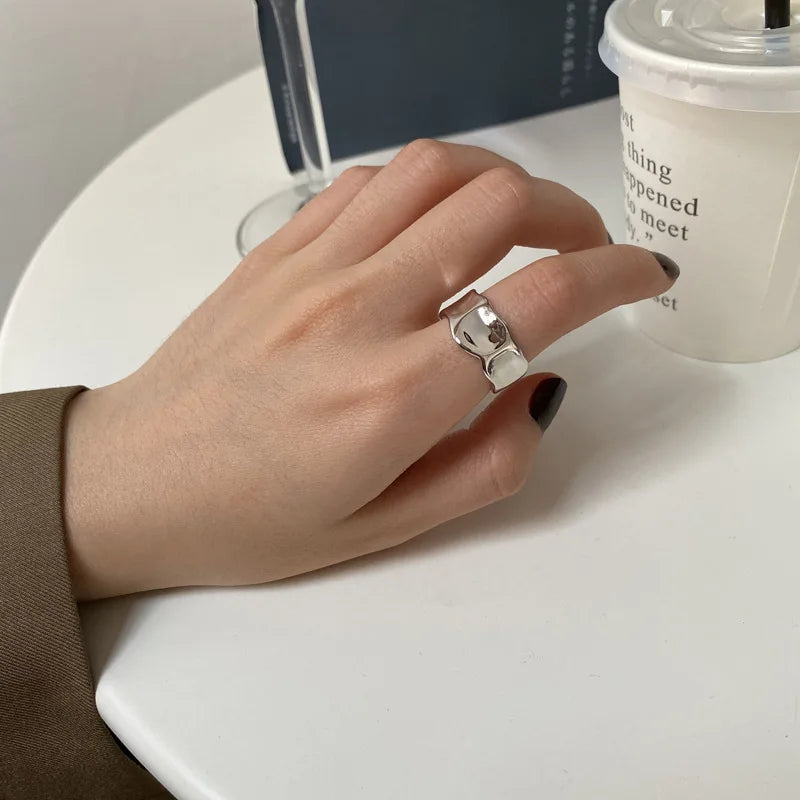 VENTFILLE Anillo de plata de ley 925 con diseño de gotas de agua irregulares, estilo retro simple, hecho a mano, para mujer