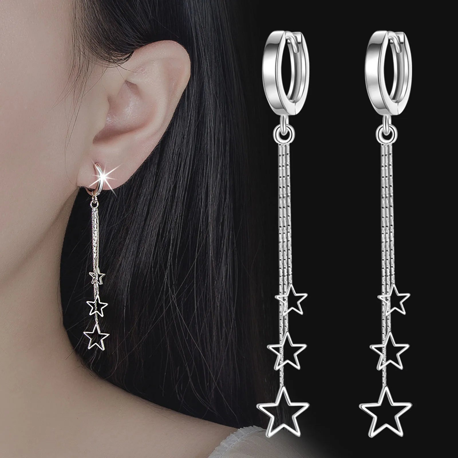 Pendientes de aro elegantes y populares de tres estrellas para mujer, de plata de ley 925, joyería de fiesta, pendientes largos de borla, elegantes